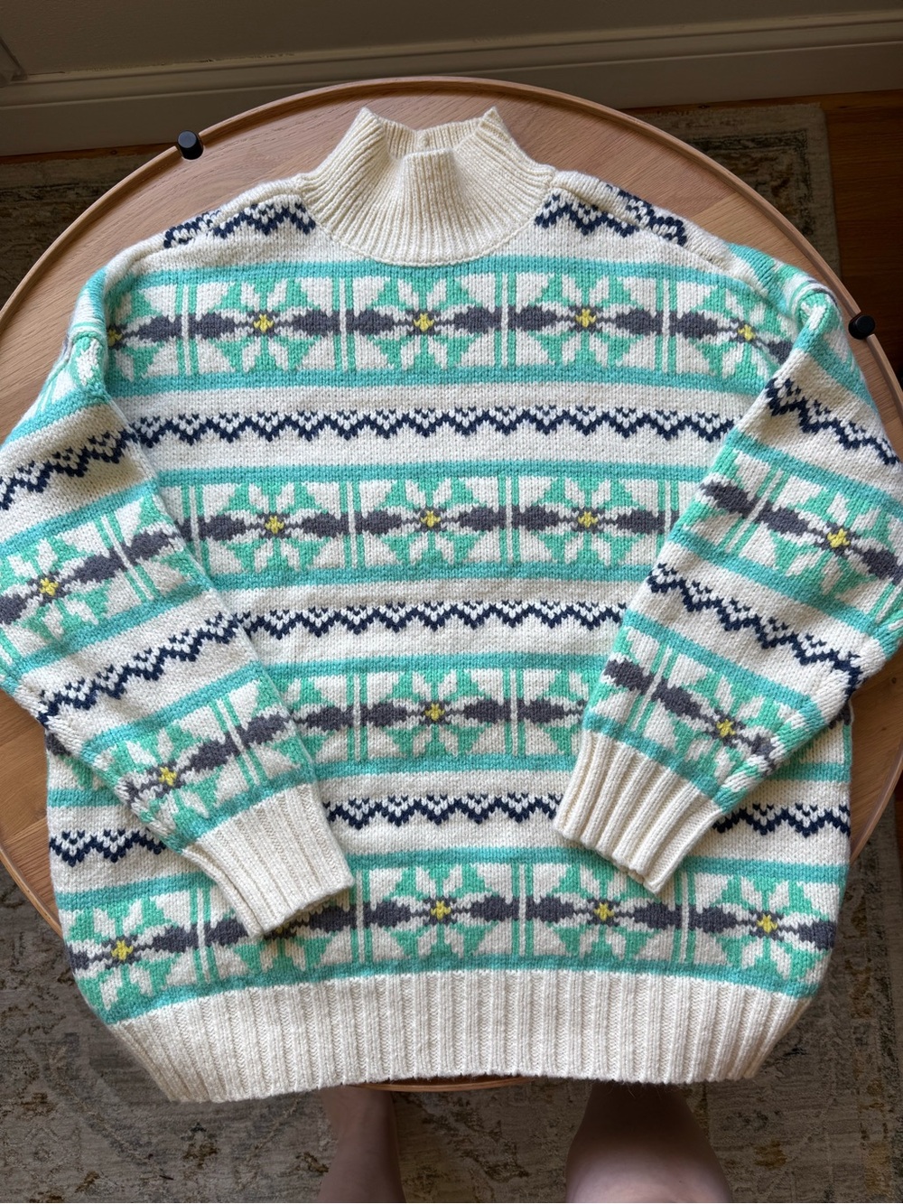 Vintage American Eagle Cream Fair Isle Knit Pullover with Mint & Navy Accents